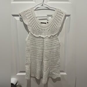 White Crochet Top Scoop Neck Ruffle Details Large Boho‎ Cottagecore Vacation